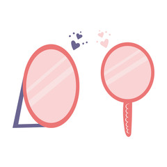 Hand drawn two pink girly mirrors, makeup accessories. Cute flat illustration.