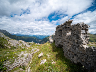 trench on Carnic Alps, site of battles between the Italian and Austrian armies in the World War 1. Passo di Monte Croce, Pal Piccolo, state border between Austria and Italy