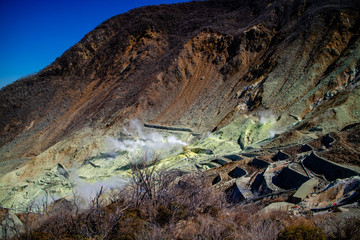 Volcanic valley with active sulphur vents and hot springs in Hakone, Kanagawa Prefecture, Japan