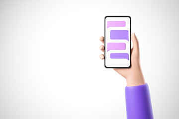 Cartoon hand in violet shirt holding smartphone with messenger window with purple chat boxes over white background.  Social network and mobile communication concept.