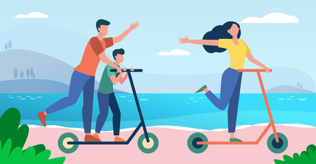 Family enjoying activities at seaside. Parents and kid riding scooter by sea flat vector illustration. Vacation, summer, holiday concept for banner, website design or landing web page