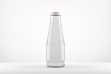 Transparent glass bottle with water over white background.