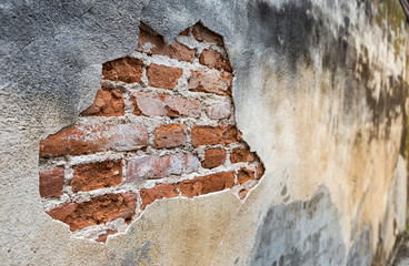 Old brick wall background, crack cement wall, construction concept