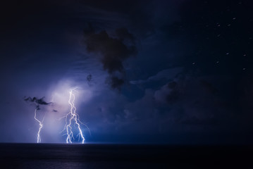 Thunderstorm over the sea with dark clouds and multiple lightning bolts in the lower left corner