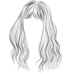 French girl style, long natural hair with bangs, Vector black and white vector illustration