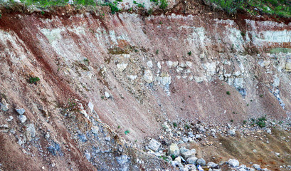 textures of various clay layers underground in  clay quarry after  geological study of  soil....