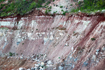 textures of various clay layers underground in  clay quarry after  geological study of  soil. colored layers of clay and stone in  section of  earth, different rock formations and soil layers.