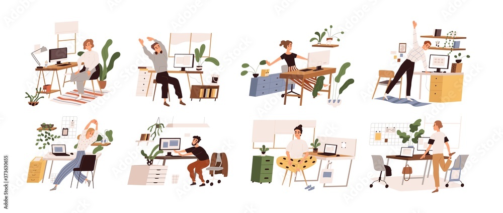 Poster set of different people practicing workout at workplace vector flat illustration. collection of vari