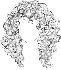 Long curly hair, vector illustration, black and white outline drawing - obrazy, fototapety, plakaty