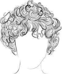 Short, curly hair, vector illustration, black and white outline drawing - 373630638