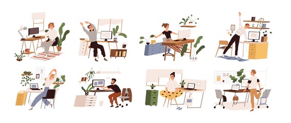 Set of different people practicing workout at workplace vector flat illustration. Collection of various employees doing warm up at office isolated. Man and woman stretch enjoying break