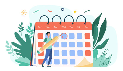 Employee marking deadline day. Man with pencil appointing date of event and making note in calendar. Vector illustration for schedule, agenda, time management concept