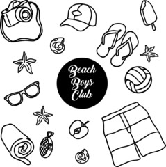 Beach Boys Club vector set - men vacation holiday objects outlines sketch on a white background. Men swimwear shorts, eyeglasses, voleyball, slippers, ice cream, apple and other items.
