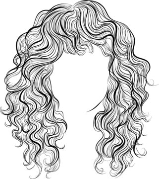 Long curly hair, vector illustration, black and white outline drawing