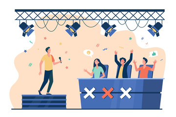 Vocal competition event. Performer singing on stage before jury celebrities. Vector illustration for TV talent show, television, contest concepts