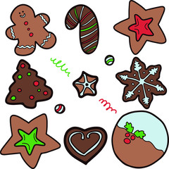 Christmas gingerbread set vector illustration. Colored noel bakery cookies with glaze decor - snowman, stars, heart and lollipop hard candy.