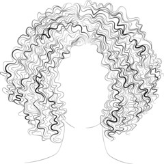 Long curly hair, vector illustration, black and white outline drawing