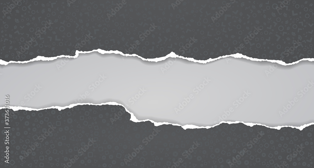 Poster torn, ripped dark grey paper with pattern of different shapes and soft shadow are on light grey back