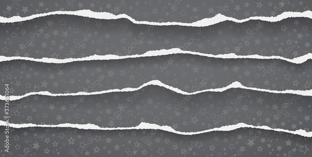 Poster set of torn, ripped white paper pieces, shreds with soft shadow are on black background with pattern
