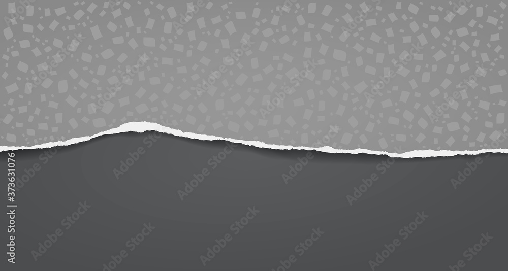 Poster torn, ripped dark grey paper with pattern of different shapes and soft shadow are on black backgroun