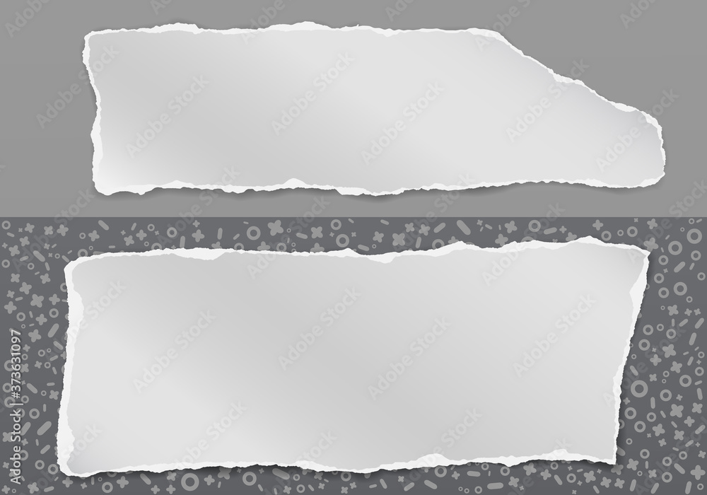 Poster set of torn, ripped white paper with soft shadow are on grey pattern of different shapes, background