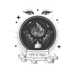 Witchcraft magic globe silhouette with fire element. Vector illustration