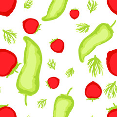 Tomato pepper dill seamless vector pattern. Colored on a white backgorund. Garden set - all vegetables are editable. Food market vector.