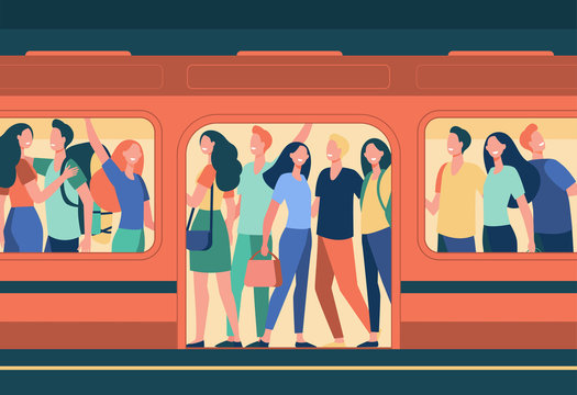 Crowd Of Happy People Travelling By Subway Train. Passengers Standing In Overcrowded Subway Car At Station. Cartoon Illustration For Overpopulation, Rush Hour, Public Transport, Commuters Concept