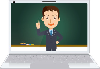 オンライン授業のイメージイラスト ノートパソコンの画面の中の授業風景ガッツポーズ男性女性教師のイラスト塾講師受験 Adult Wall Mural Adu Globeds