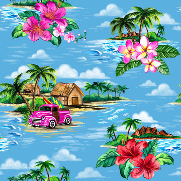 Vintage Hawaiian barkcloth design of tropical island scenes on a blue background. Seamless repeat pattern.
