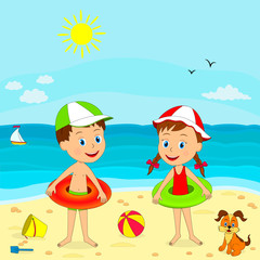 kids  with rubber rings on the summer beach ,illustration,vector