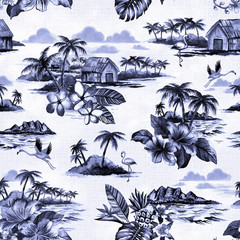 Vintage Hawaiian Island scene repeating pattern in shades of indigo blue.  - obrazy, fototapety, plakaty