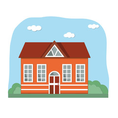 Fototapeta premium Flat house with large Windows and an attic on the background of nature, color vector illustration, clipart, design, decoration, banner