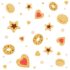 cookie pattern on white background, color vector illustration, print, texture, textile, design, decoration, background, Wallpaper