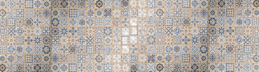 Beige blue white abstract vintage retro geometric square mosaic motif tiles texture background...