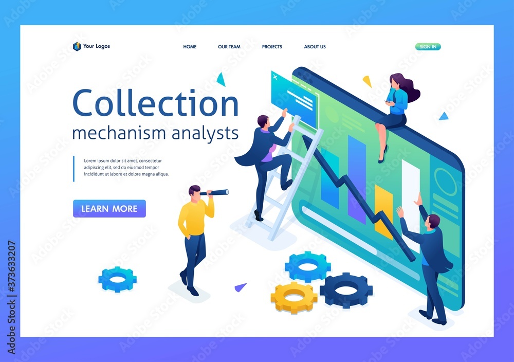 Poster young people collect information for data analysis. 3d isometric. landing page concepts and web desi