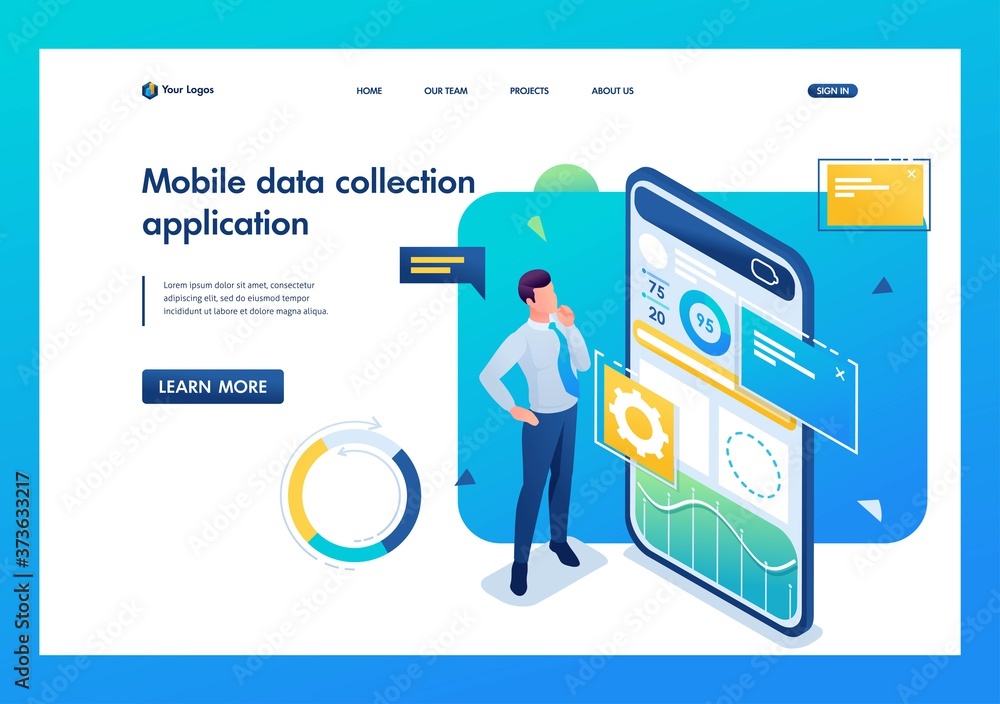 Poster young man works on a mobile application for data collection and analysis. 3d isometric. landing page