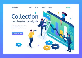 Young people collect information for data analysis. 3D isometric. Landing page concepts and web design