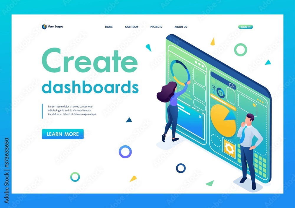 Poster young people are working on creating a dashboard with an individual menu. 3d isometric. landing page