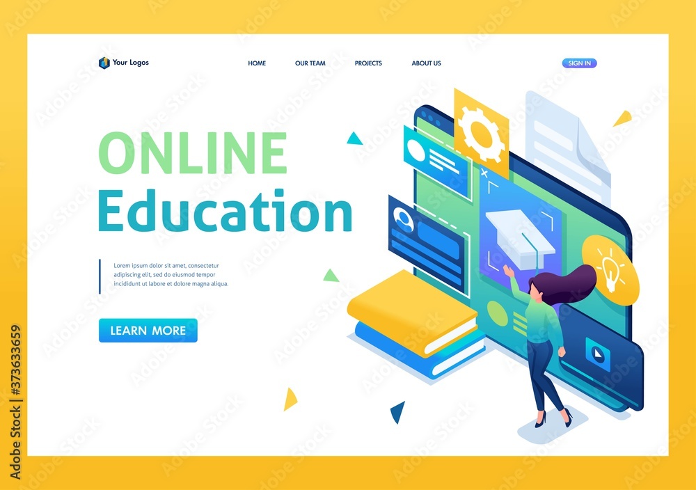 Poster young people are engaged in online training using a tablet. 3d isometric. landing page concepts and 