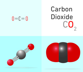 Carbon Dioxide (CO2) gas molecule. Two different molecule model and chemical formula. Ball, stick and Space filling model. Structural Chemical Formula and Molecule Model. Chemistry Education