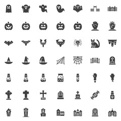 Happy Halloween vector icons set, modern solid symbol collection, filled style pictogram pack. Signs, logo illustration. Set includes icons as scary ghost, pumpkin, flying bat, spider, haunted house