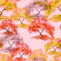 Watercolor seamless pattern, background with vintage pattern. orange, red  bush, tree, beautiful autumn landscape. Stylish fashion illustration. Blooming garden, forest.
willow, oak, maple