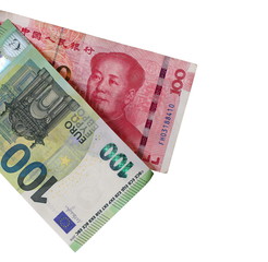 Chinese hundred yuan, renminbi and European euro money bill, banknote, cash isolated on white background 