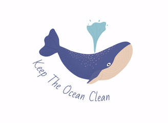 Keep the ocean clean concept. Cute wild mammal character of great whale in ocean.