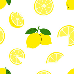 Citrus fruit. Lemon branch with green leaves. Lemon whole and cut, half and slices. Vector seamless pattern with lemons isolated on white. Endless texture, positive print in flat cartoon style.