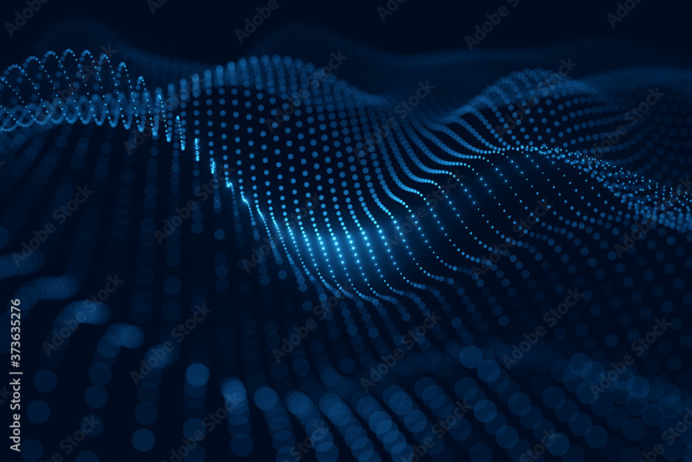 Poster moving neon blue dots pattern forming a digital network connection on dark background