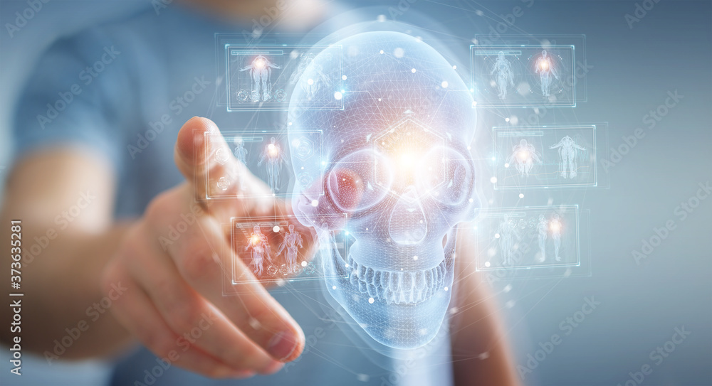 Poster Man using digital x-ray skull holographic scan projection 3D rendering
