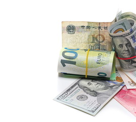 Chinese yuan, American dollar and European euro hundred bills, banknotes, cash money rolls isolated on white background