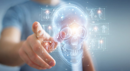 Man using digital x-ray skull holographic scan projection 3D rendering